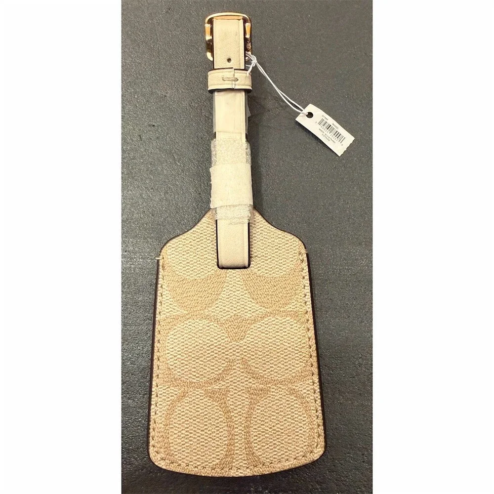 Coach Signature Canvas Luggage Tag Light Khaki Chalk Gold Tone Buckle